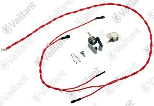 Vaillant Sensor mit Kabel, bestehend aus einem Metallgehäuse und verschiedenen Kabeln, in einem neutralen Umfeld abgebildet. Teile sind übersichtlich angeordnet.